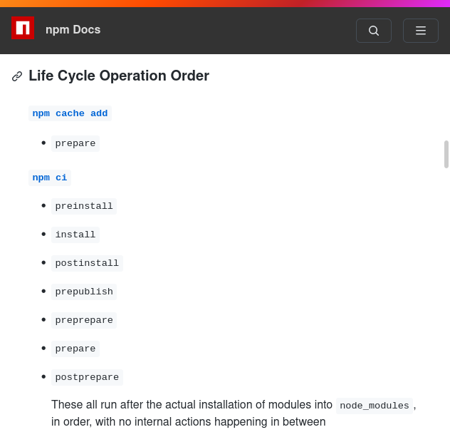 npm docs for lifecycle scripts
